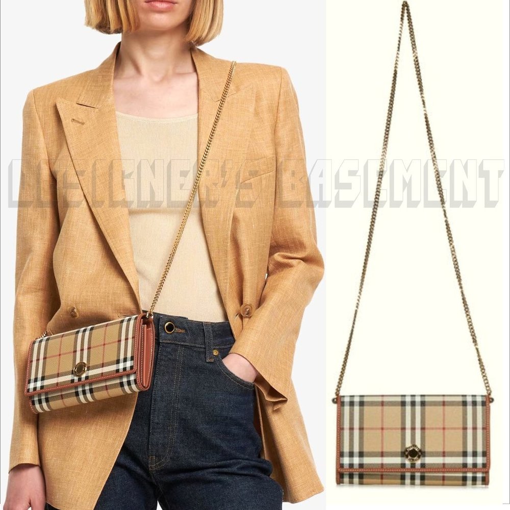 BURBERRY beige Vintage Check HANNAH Flap convertible Chain clutch Wallet Bag NWT